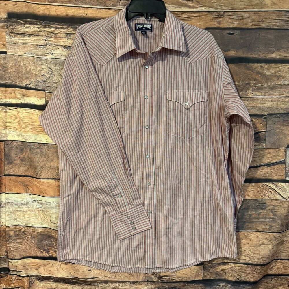 Panhandle Slim Western Shirt Mens L 16.5 Pearl Snap Red Blue Stripe Long Sleeve
